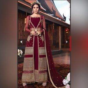 Elegant Net Long maxi jacket style palazzo shalwar kameez Embroidered Bollywood